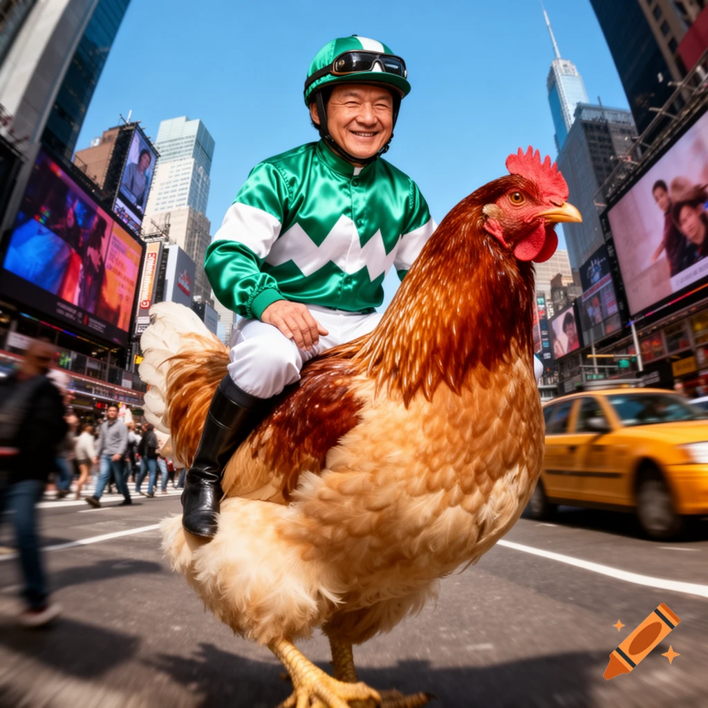 A smiling man dressed as a jockey rides a giant chicken down a bustling city street resembling Times Square.