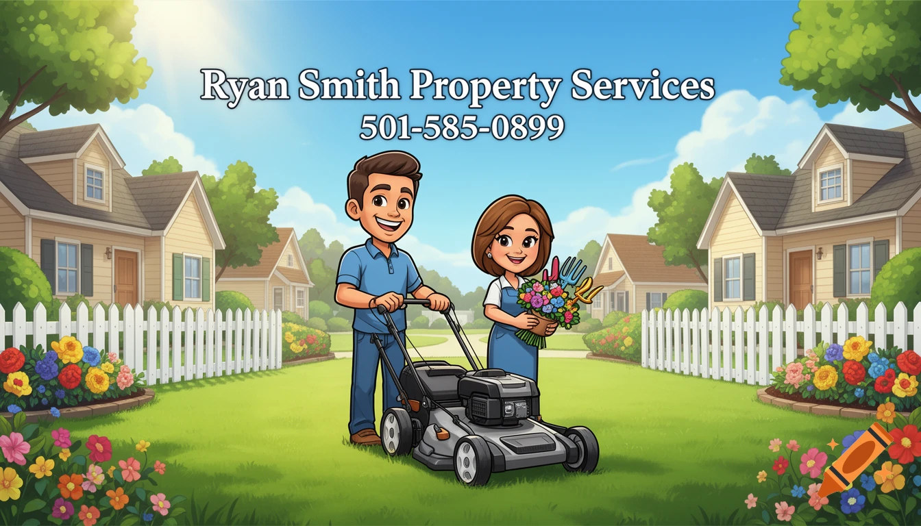 Cartoon image of a couple with a lawnmower and gardening tools in a suburban yard, advertising 'Ryan Smith Property Services 501-585-0899'.