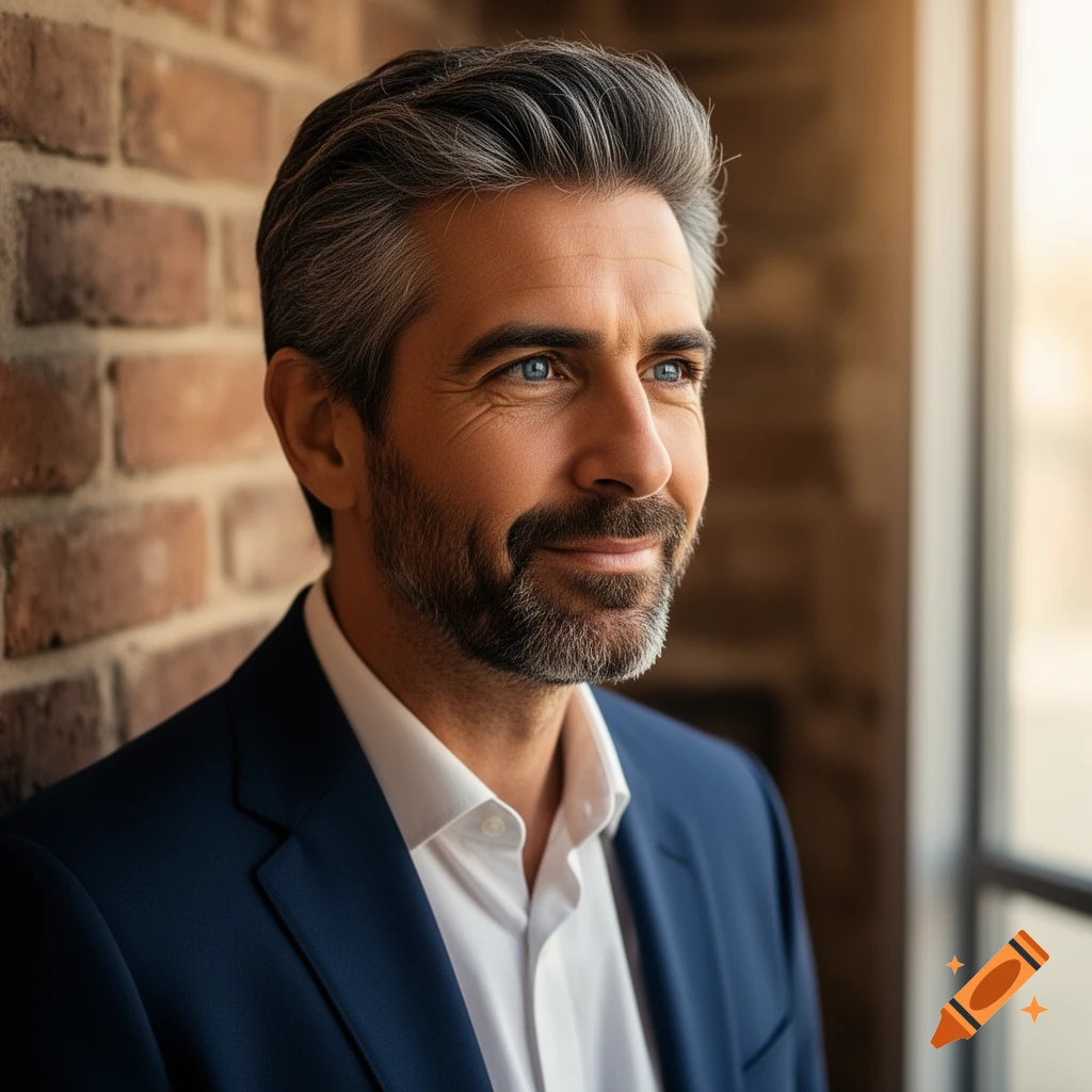 A man with salt and pepper hair and a beard, wearing a blue suit and white shirt, smiles while looking away from a brick wall.