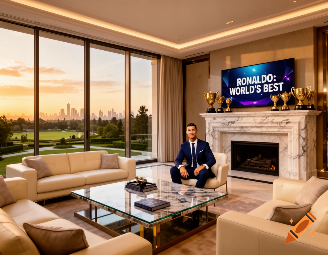 Cristiano Ronaldo sits in a lavish living room with a large TV displaying 'Ronaldo: World's Best' and a city skyline at sunset.