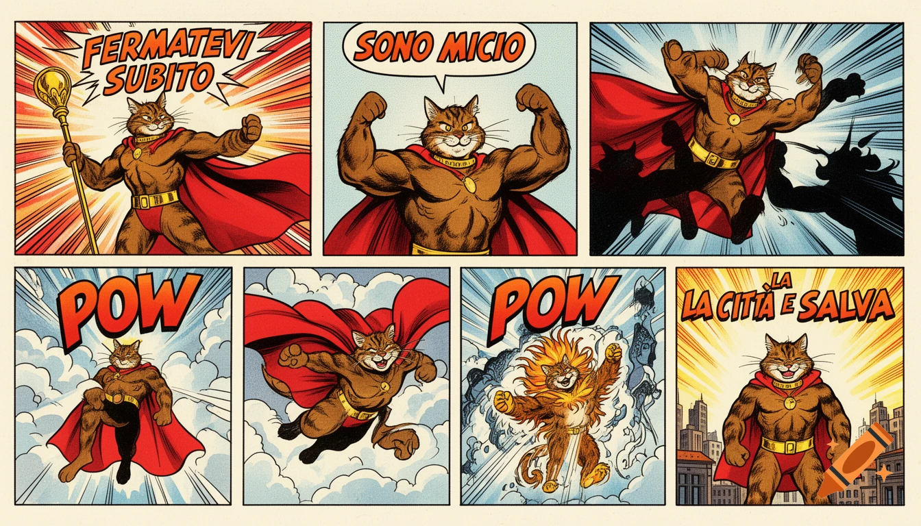 A 6-panel comic strip features a muscular brown tabby superhero cat in a red cape, striking various poses and exclaiming Italian phrases.