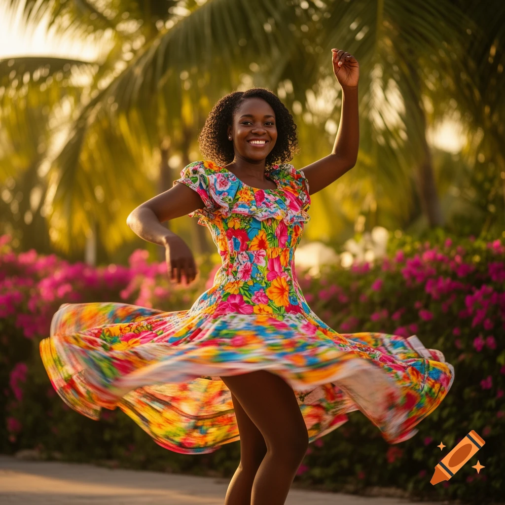A smiling Black woman in a vibrant floral dress dances joyfully, spinning outdoors amidst tropical palm trees and pink flowers.