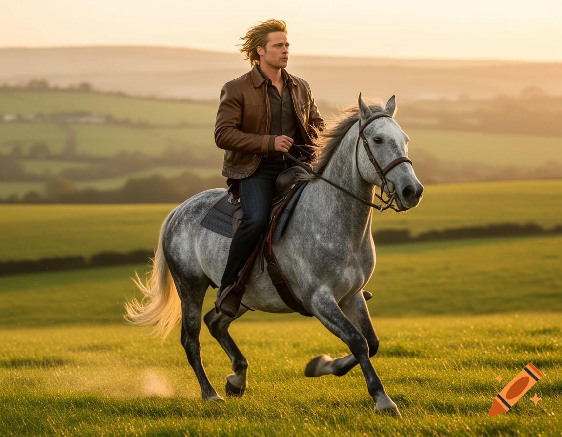 A man resembling Brad Pitt rides a dapple grey horse through a green field at sunset.