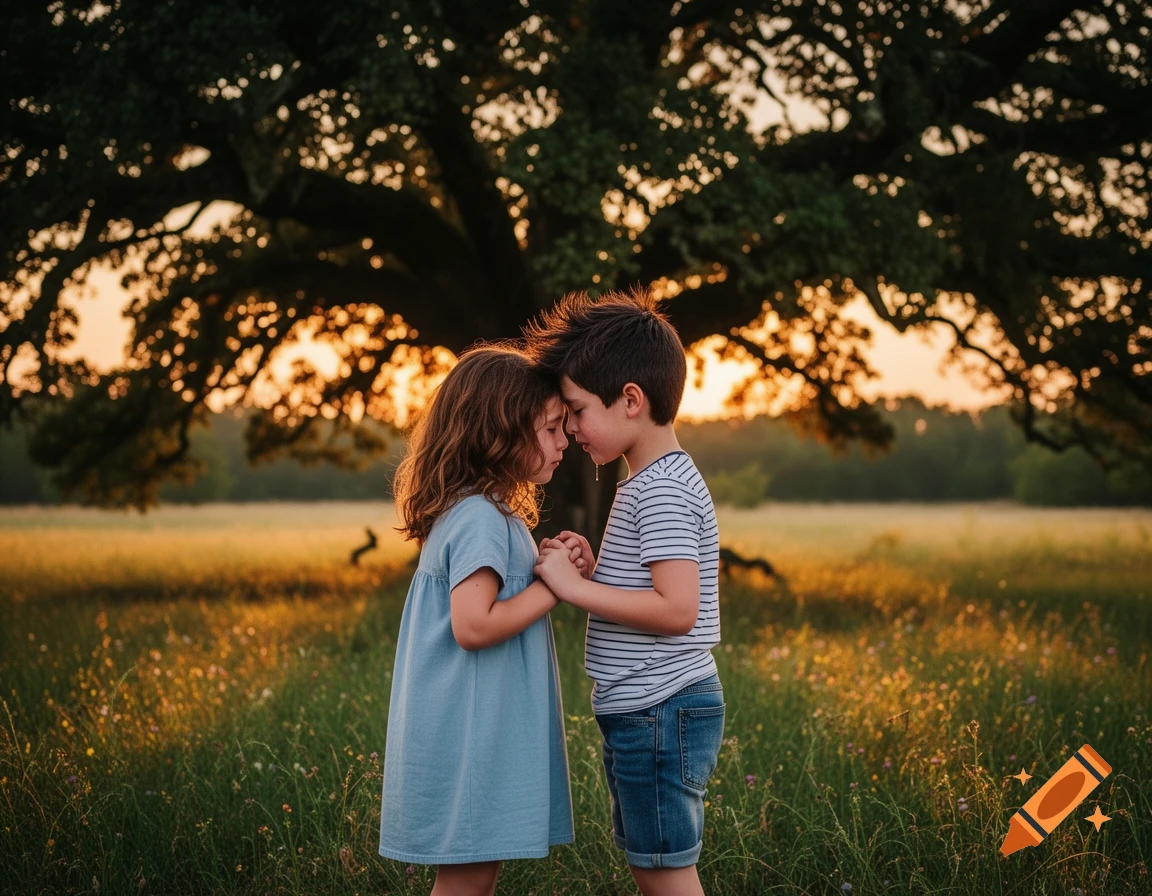 A boy and a girl, with heads pressed together and eyes shut, holding hands in a sunlit field under a large tree at sunset.