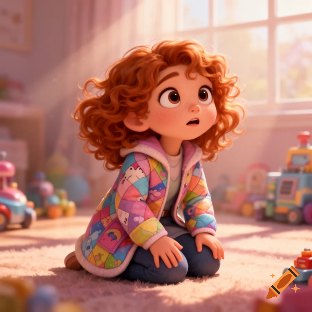 A cute, red-haired animated girl with big eyes kneels on a rug in a sunlit playroom filled with toys.