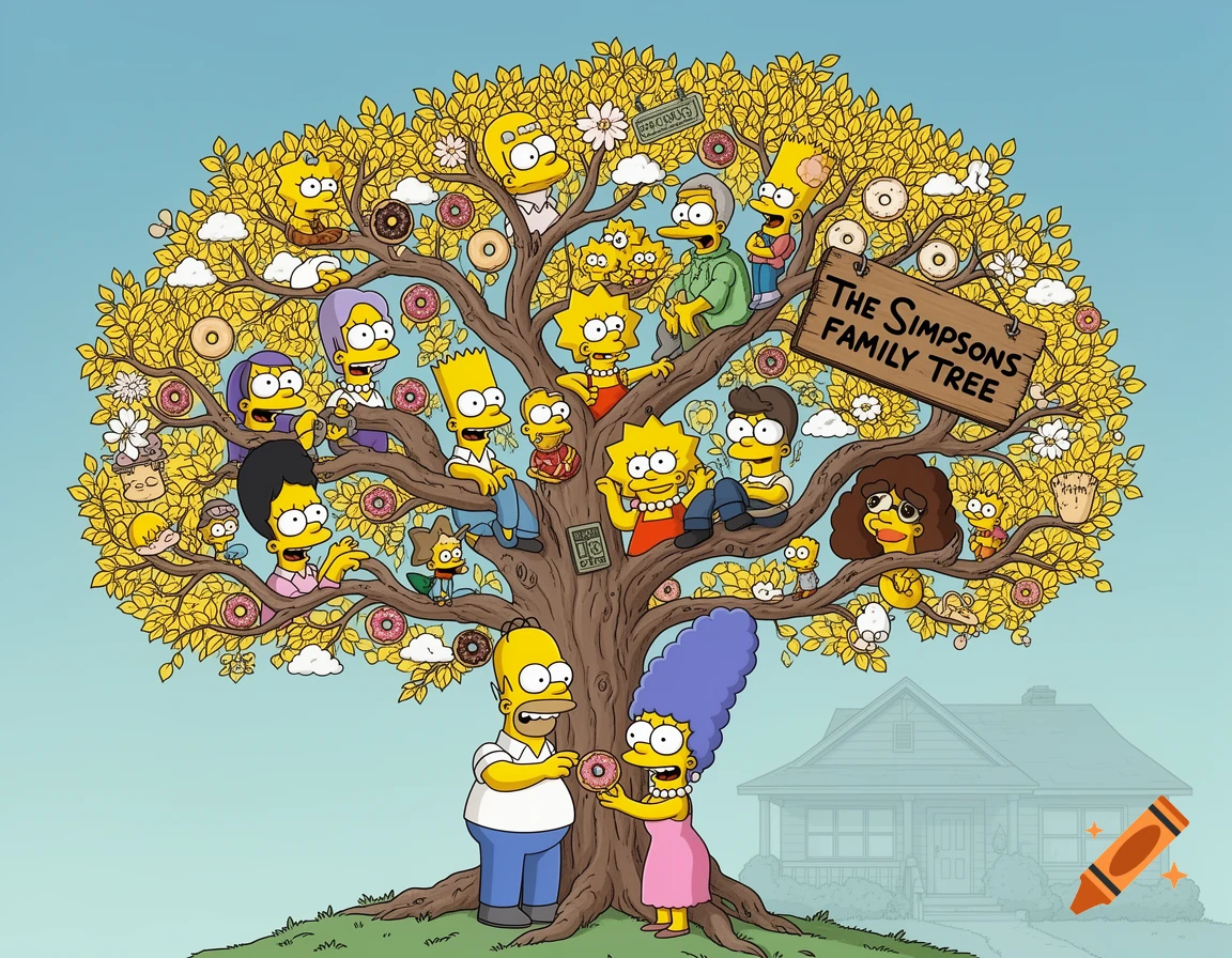 Cartoon illustration of the Simpsons family tree with Homer and Marge at the base, other family members on branches, and donuts.