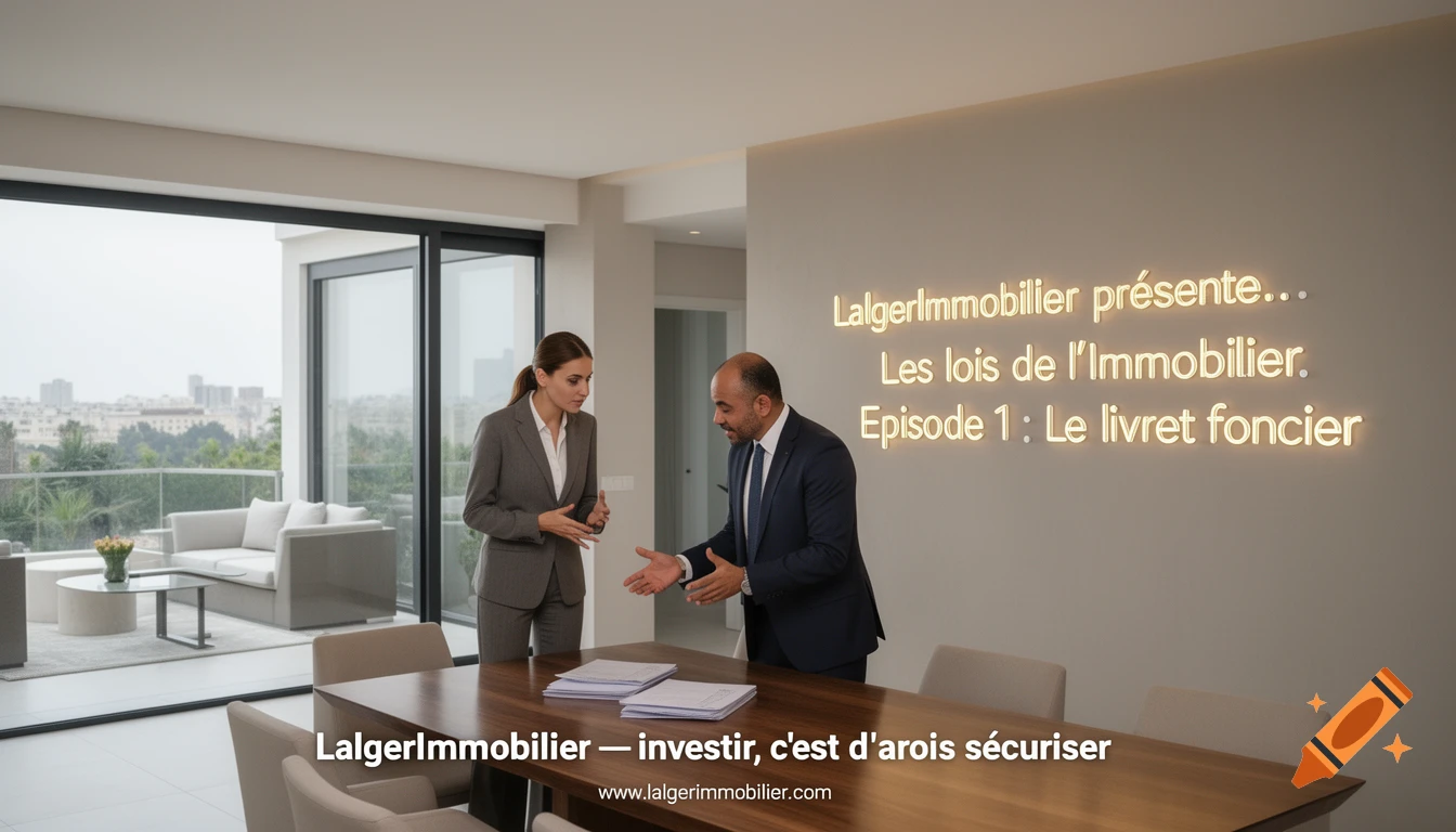 Two business professionals, a woman and a man in suits, discuss documents on a wooden table in a modern office or apartment with large windows overlooking a city.