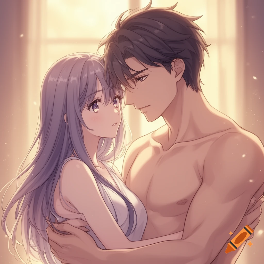 An anime-style couple embraces intimately in soft, warm light. The man is shirtless, and the woman wears a tank top.