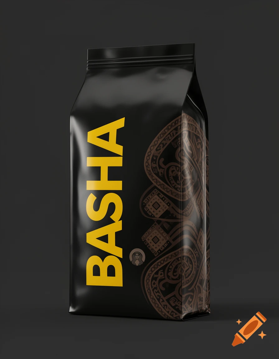 A black coffee pack with 'BASHA' written in vertical yellow text, featuring a brown patterned design on the side.