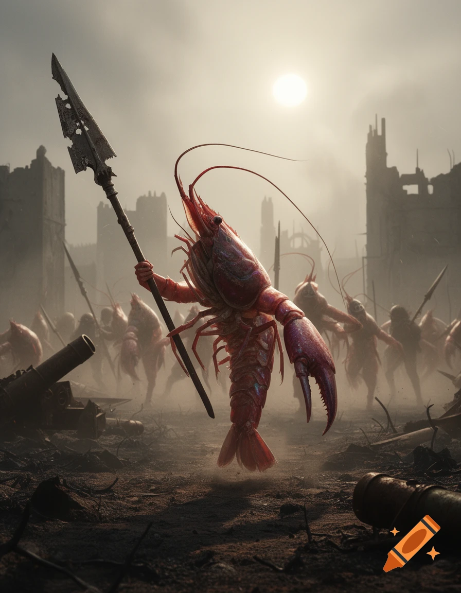 A photorealistic red humanoid crawfish soldier holding a broken spear stands amidst a ruined city battlefield with other crawfish in the hazy background under a bright sun.