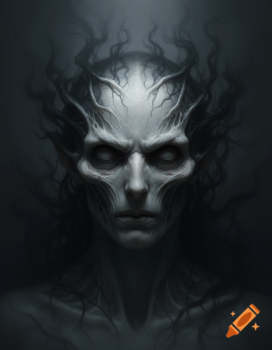 Close-up portrait of a pale, gaunt horror creature with root-like tendrils on its head and solid white eyes, against a dark, foggy background.