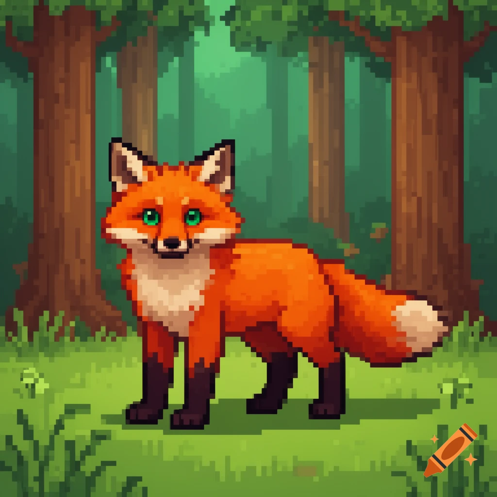 A cute orange pixel art fox with green eyes stands in a pixelated forest.