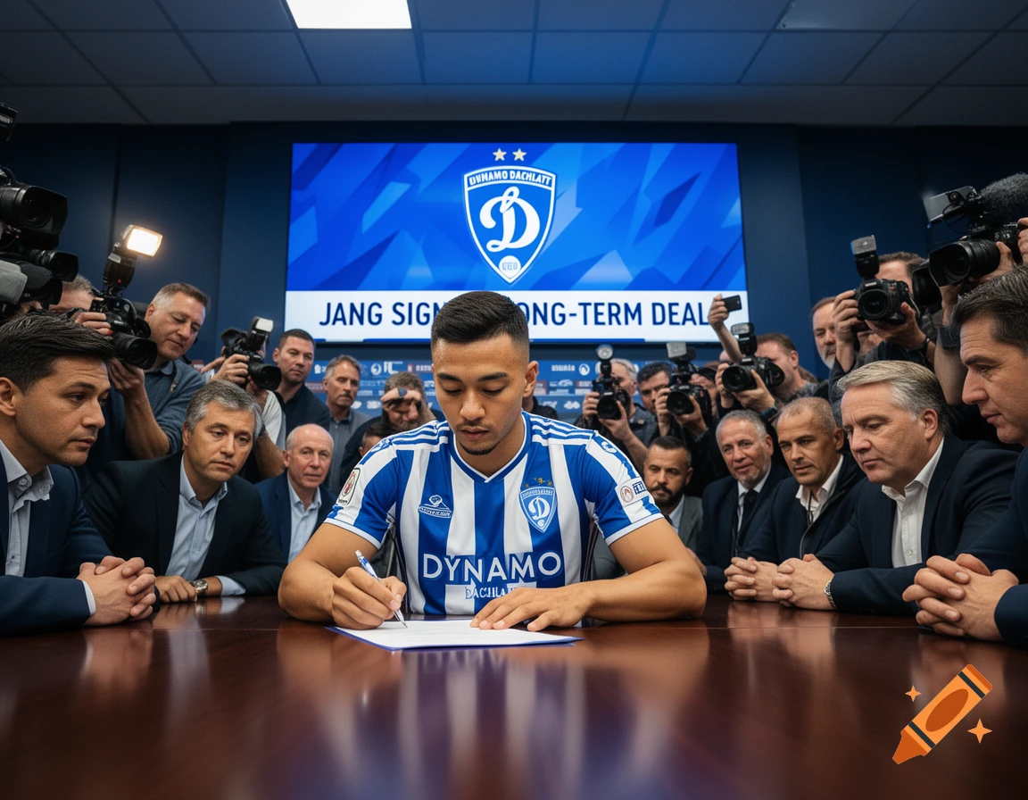 A soccer player in a blue and white striped jersey signs a contract at a press conference, with many photographers in the background.