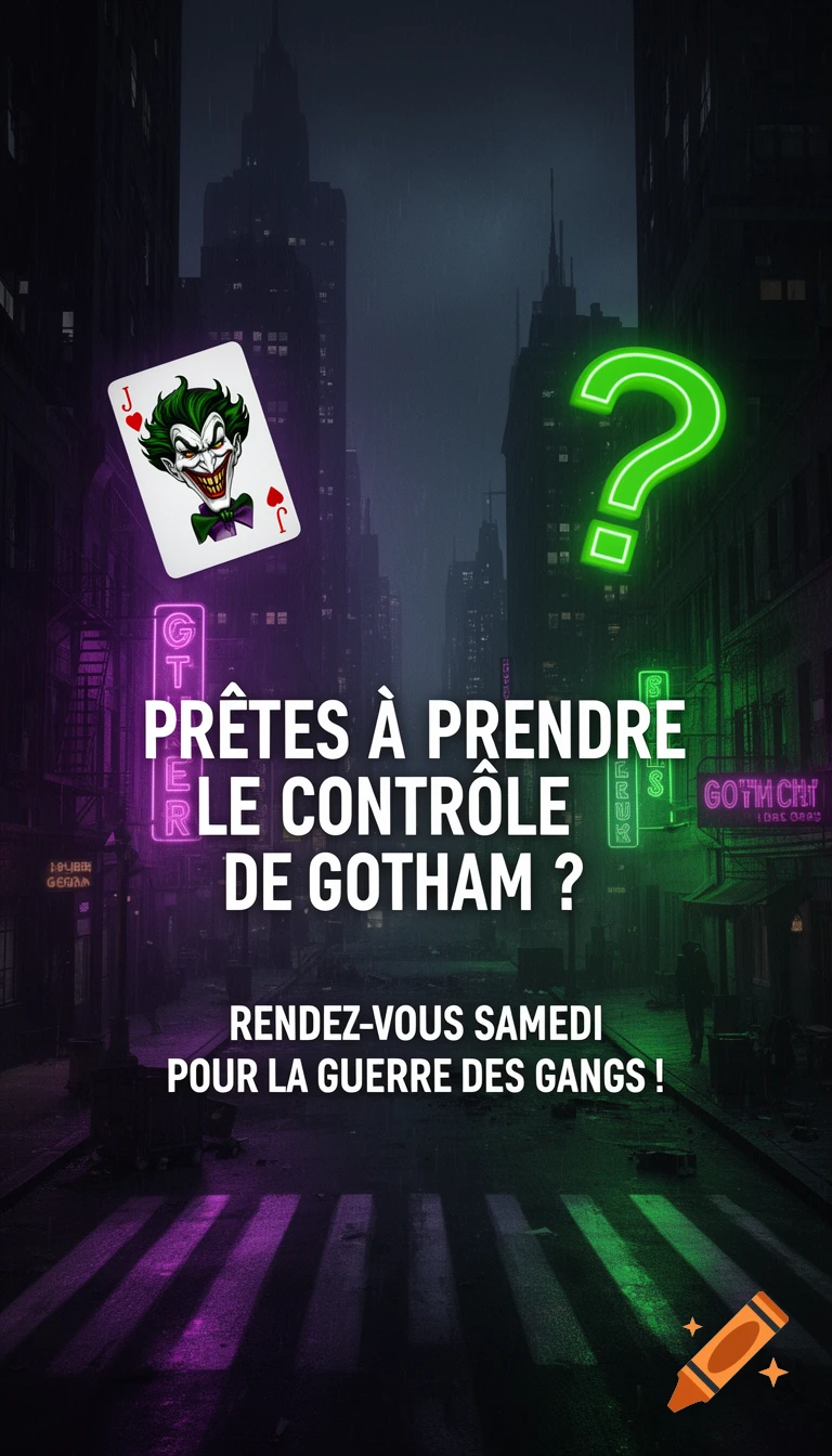 A dark, atmospheric poster for a Gotham City-themed game, featuring a Joker playing card, a green question mark, and French text about taking control of Gotham.