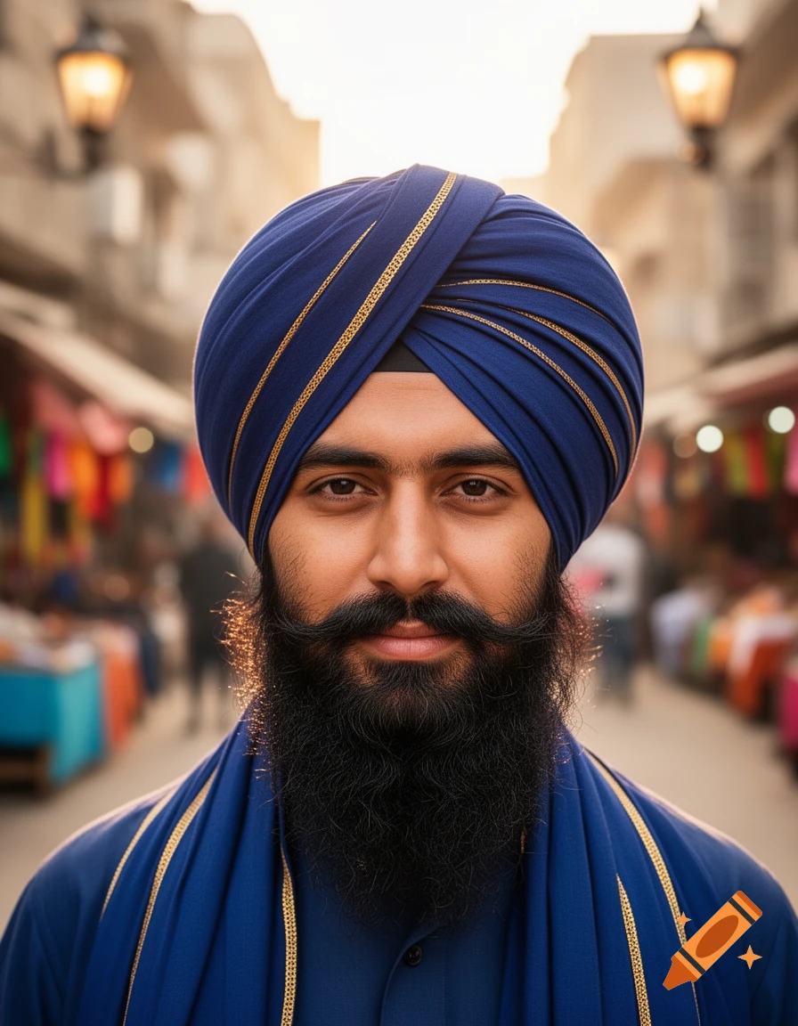 Photorealistic close-up portrait of a Sikh man wearing a dark blue turban with gold stripes and a long black beard, in a blurred marketplace background.