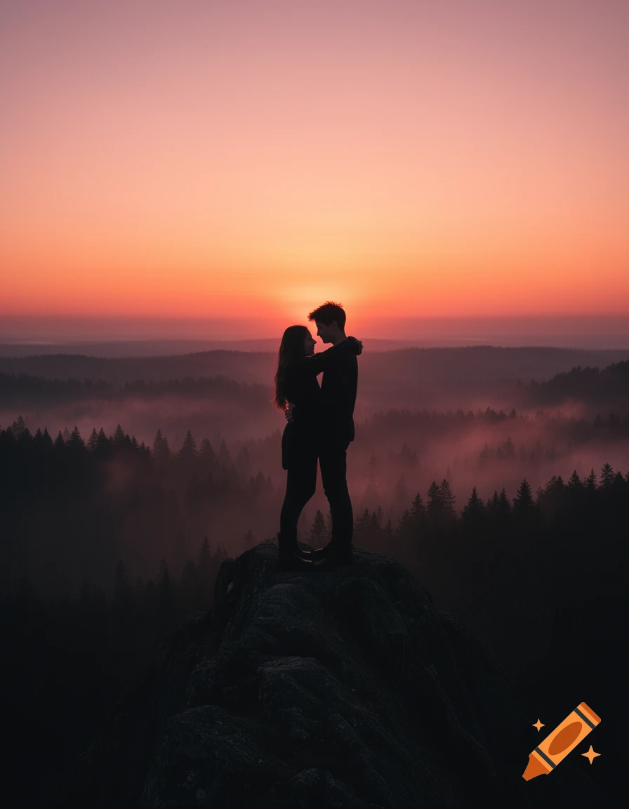 Two silhouetted figures embrace on a mountain peak overlooking a misty forest at sunset, creating an emotional and dreamy scene.