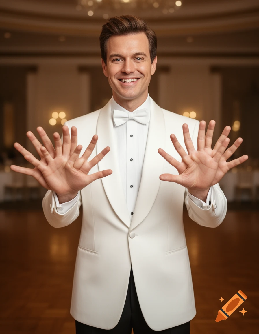 A smiling man in a white tuxedo stands in a ballroom, holding up his hands with multiple fingers, photorealistic.