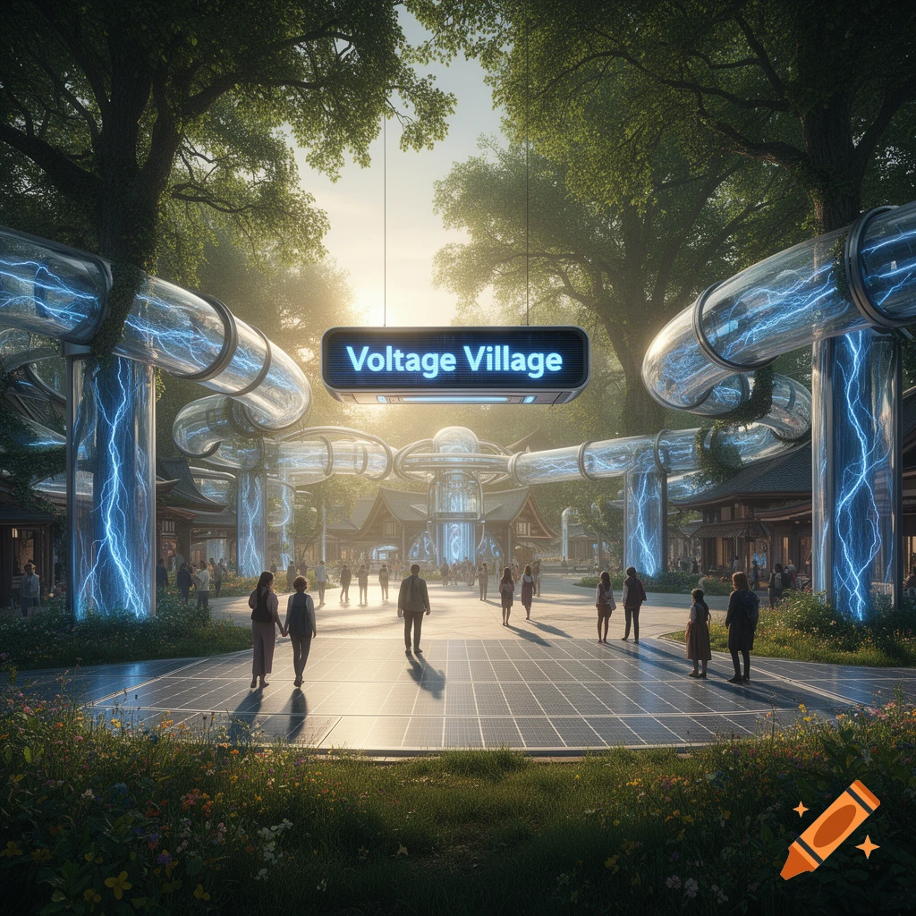 A futuristic 'Voltage Village' entrance with large trees, glowing blue electricity tubes, solar panels, and people walking.