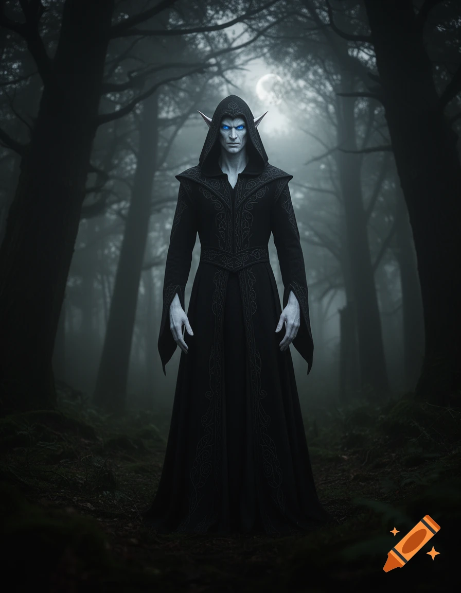 A pale, hooded evil elf with glowing blue eyes stands in a dark, misty forest under a full moon.