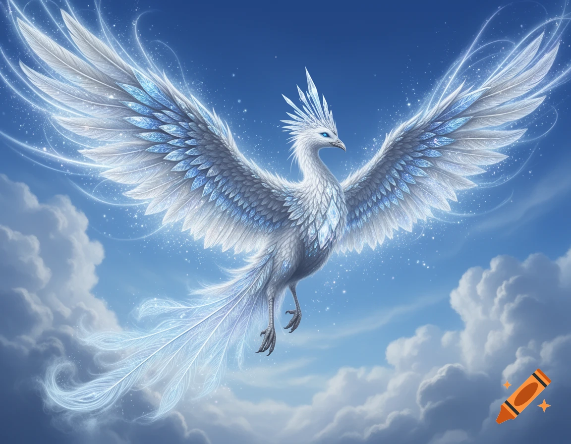 A majestic white and blue crystal phoenix with outstretched wings soars through a blue sky with clouds, emanating glowing light.