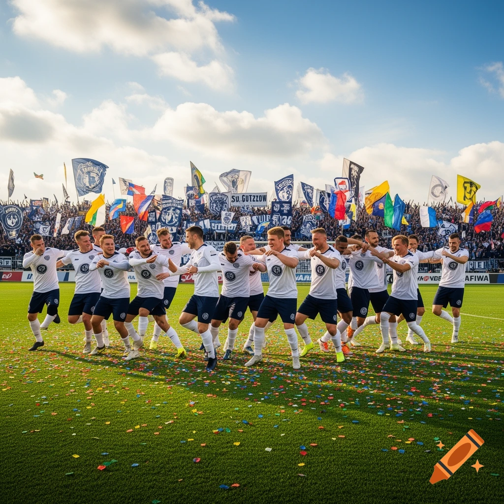 Soccer players in white and blue uniforms celebrate on a confetti-strewn field with cheering fans and flags in a stadium.