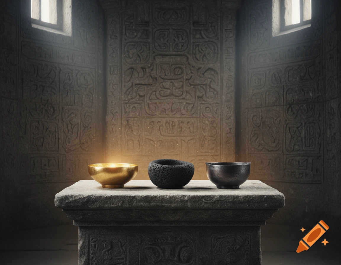Three bowls triple , one gold, one black stone, and one iron, sit on a stone altar in front of a carved stone wall with light from windows above.