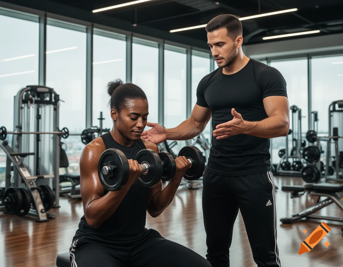A male personal trainer coaches a female client lifting dumbbells in a modern gym.