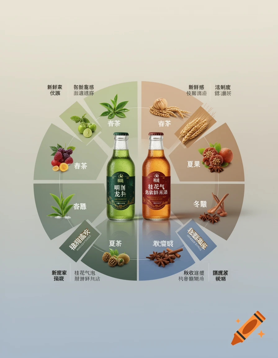A circular infographic features two bottles of Chinese craft beverages, green tea-flavored beer and osmanthus rice wine, surrounded by seasonal ingredients like tea leaves, berries, wheat, and star anise.