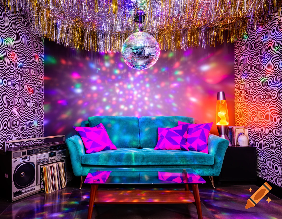 Vibrant 80s disco-themed room with a turquoise sofa, boombox, lava lamp, and shimmering disco ball casting colorful lights.