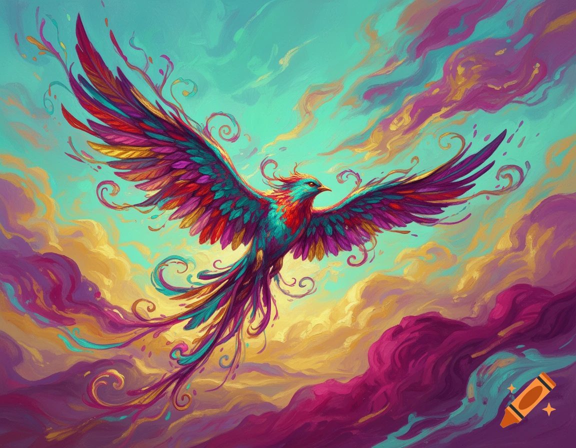 Abstract painting of a vibrant, multi-colored phoenix flying through swirling magenta, gold, and teal clouds.