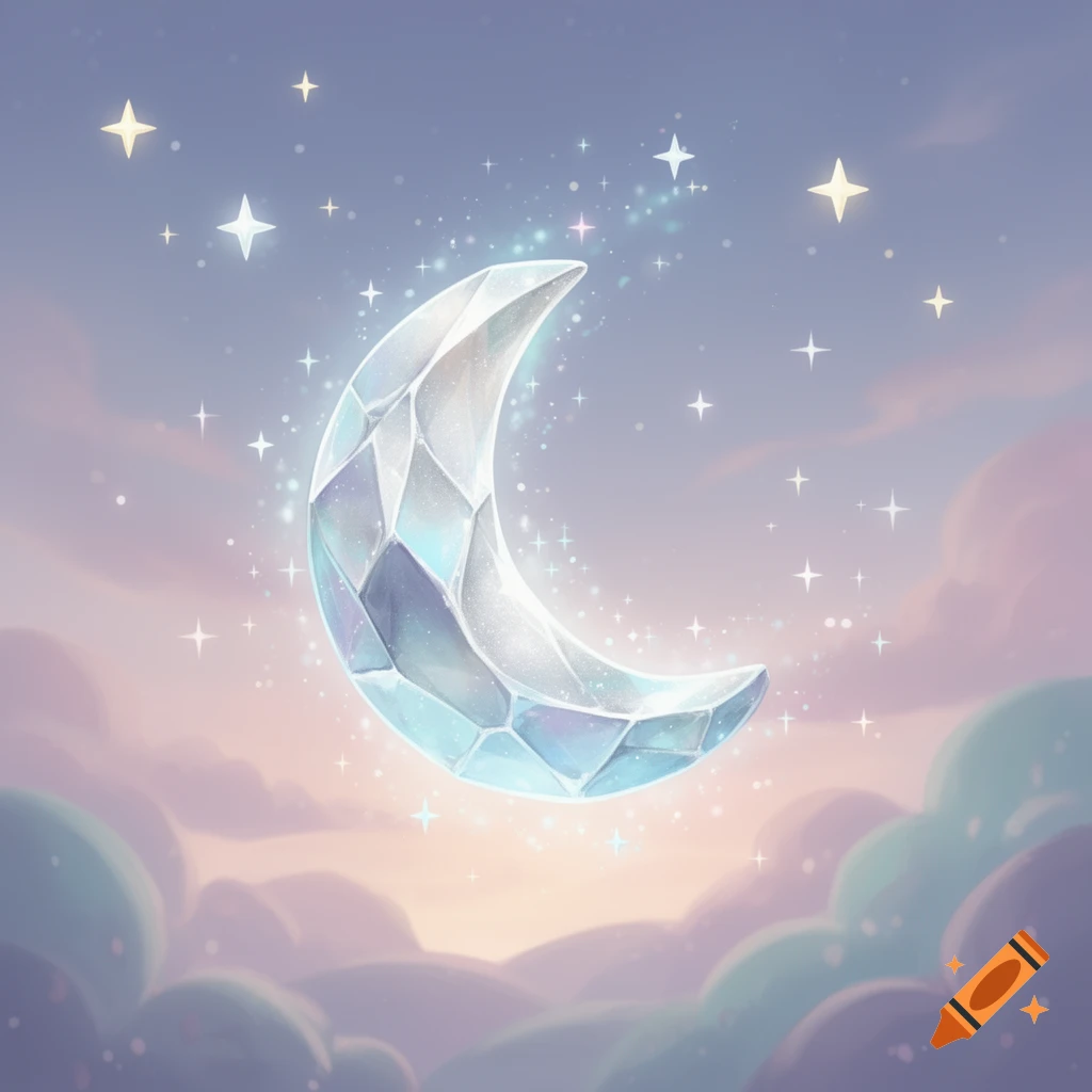 A glowing crystal crescent moon surrounded by sparkling stars and soft, colorful clouds in a dreamy fantasy illustration style.