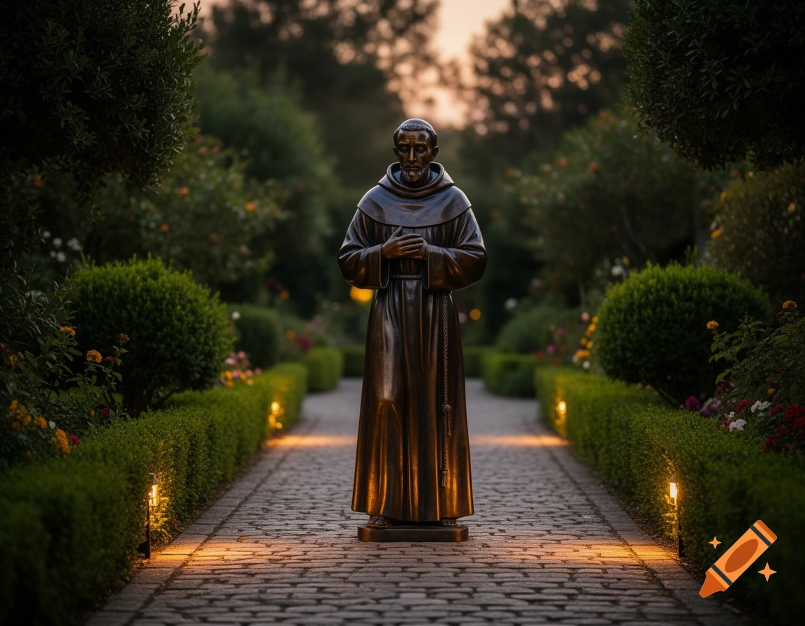 Bronze statue of a robed saint on a cobblestone path lined with hedges and lights in a lush garden at dusk.