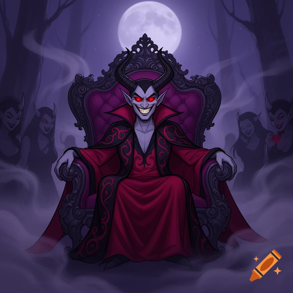 Cartoon devil with horns and glowing red eyes sits on an ornate purple throne in a misty forest under a full moon, with shadowy figures in the background.