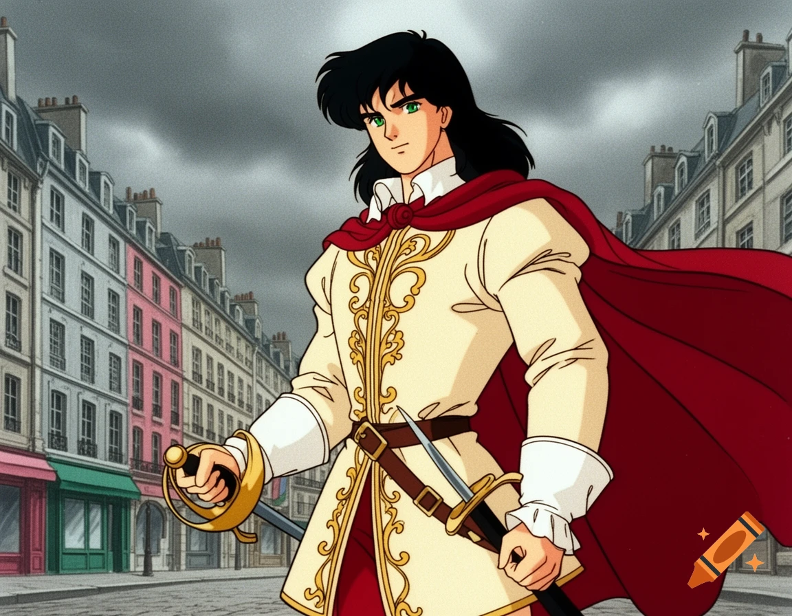 Anime man with black hair, green eyes, in historical attire with a red cape and sword, standing on a Parisian street.