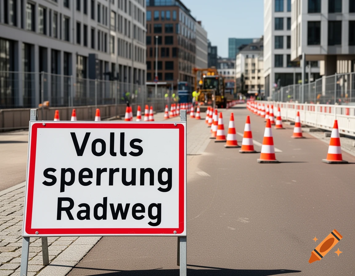 A white sign with "Vollsperrung Radweg" stands on an urban road lined with red and white traffic cones, with city buildings and construction in the background.