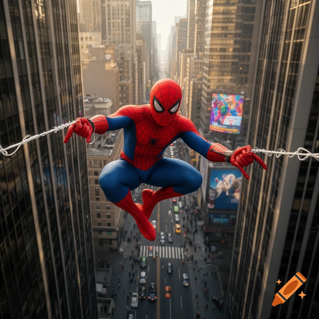 Spider-Man swings between skyscrapers high above a busy city street, captured in a dynamic, photorealistic style.
