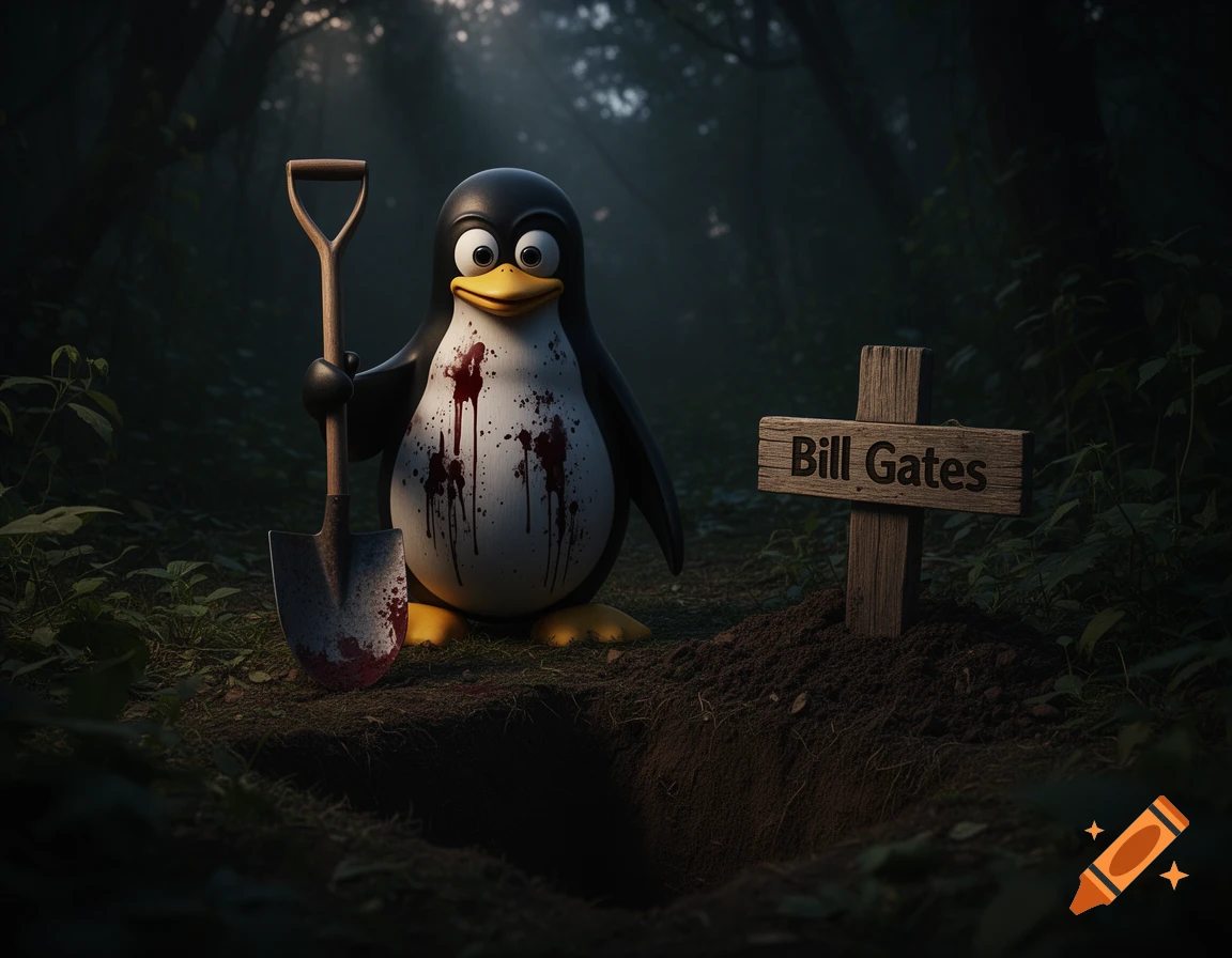 Bloody cartoon penguin Tux holding a shovel next to a grave marked 'Bill Gates' in a dark, misty forest.