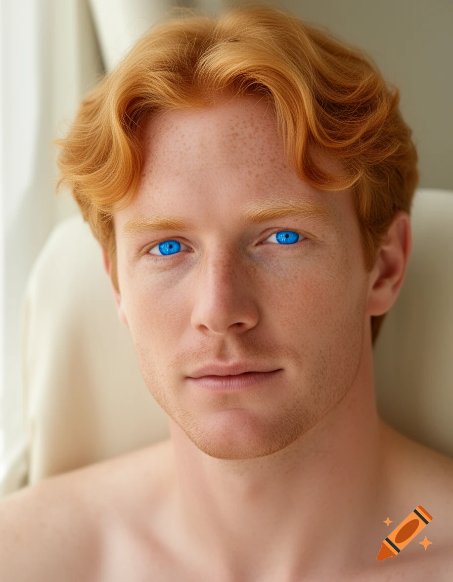 A close-up portrait of a man with wavy red hair, vibrant blue eyes, and light freckles on his cheeks.