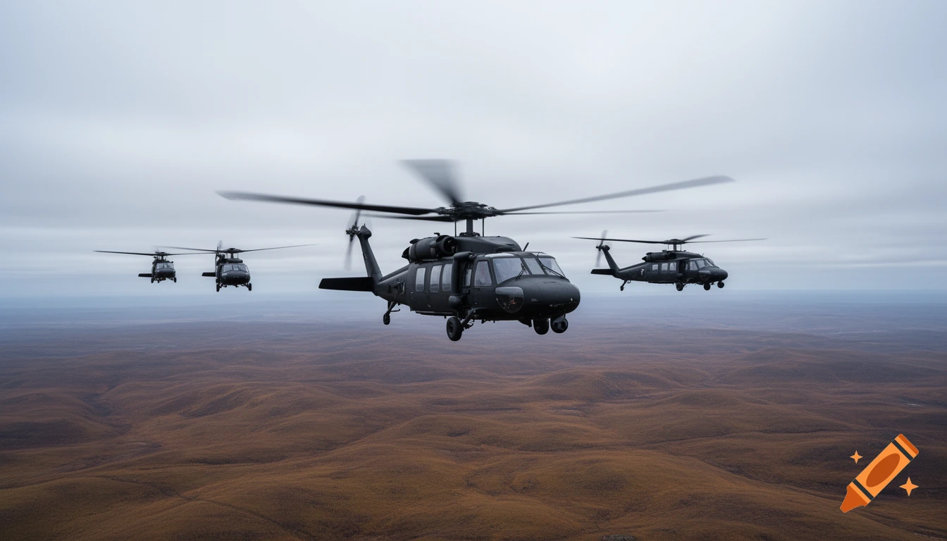 Three black military helicopters fly over a vast, brown, hilly landscape under a cloudy sky.