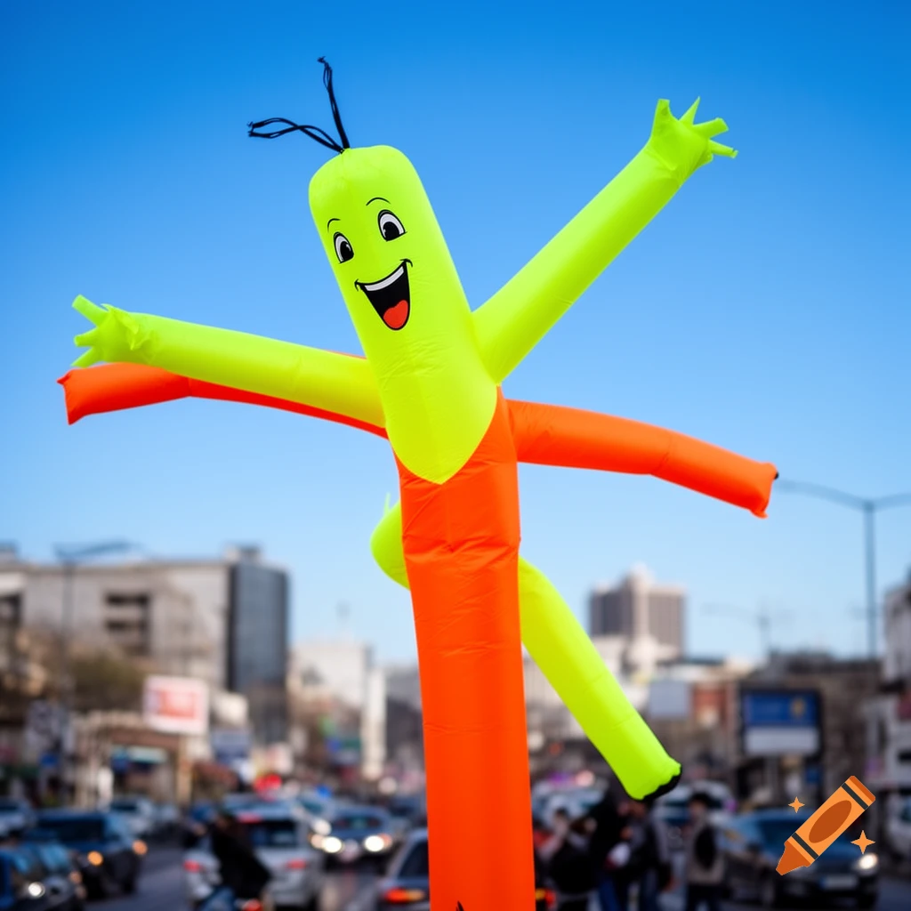A cheerful, lime green and orange inflatable tube man with a smiley face waves its arms on a busy city street, with cars and buildings in the blurred background under a clear blue sky.