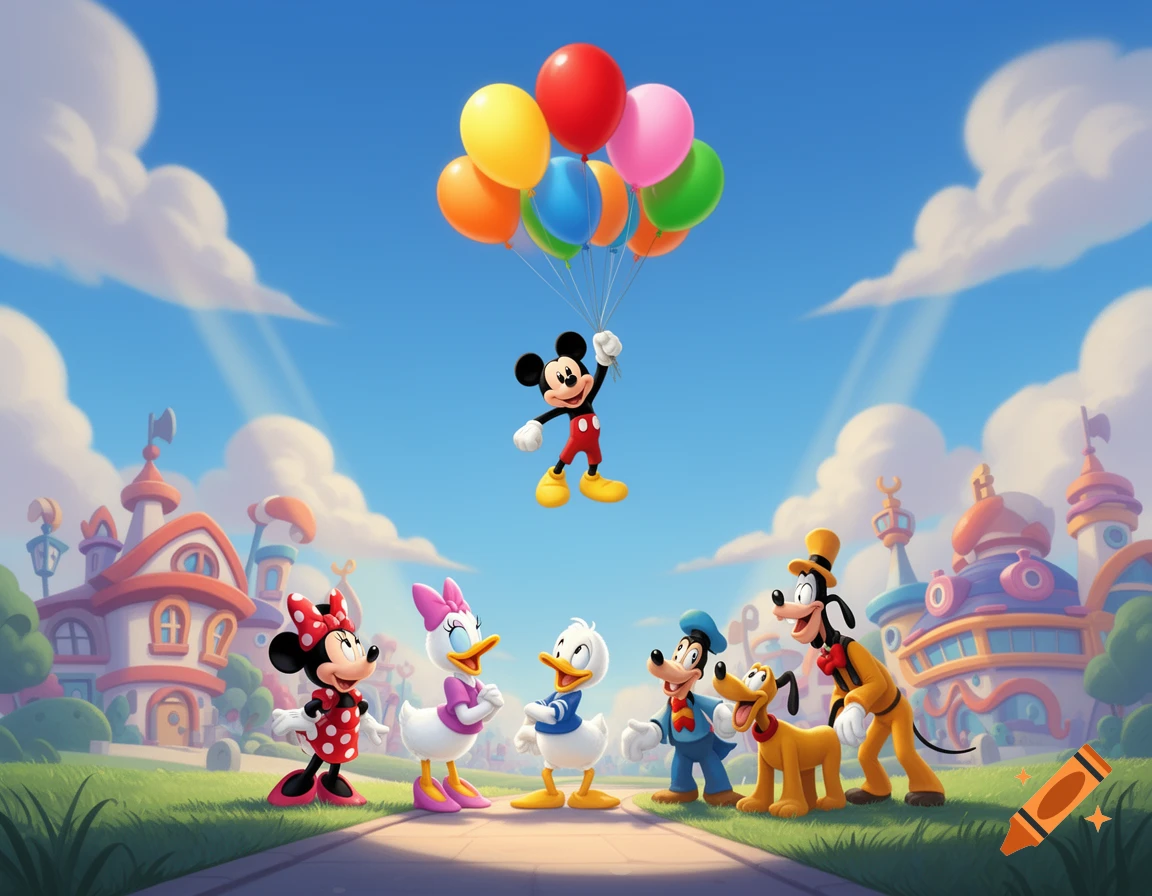 Mickey Mouse floats above Toontown holding balloons, while Minnie, Donald, Daisy, Goofy, and Pluto watch from a path on a sunny day.