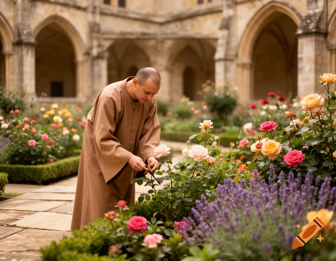 A monk in a brown robe prunes roses in a vibrant garden, with an ancient stone abbey in the background.