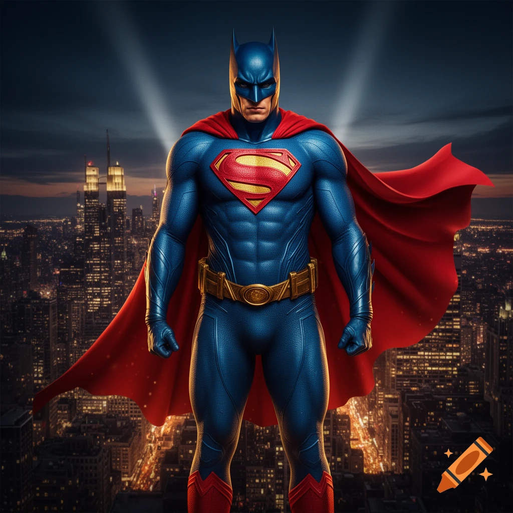 Batman in a blue Superman suit with a red cape and the Superman "S" logo on his chest, standing over a city at night.