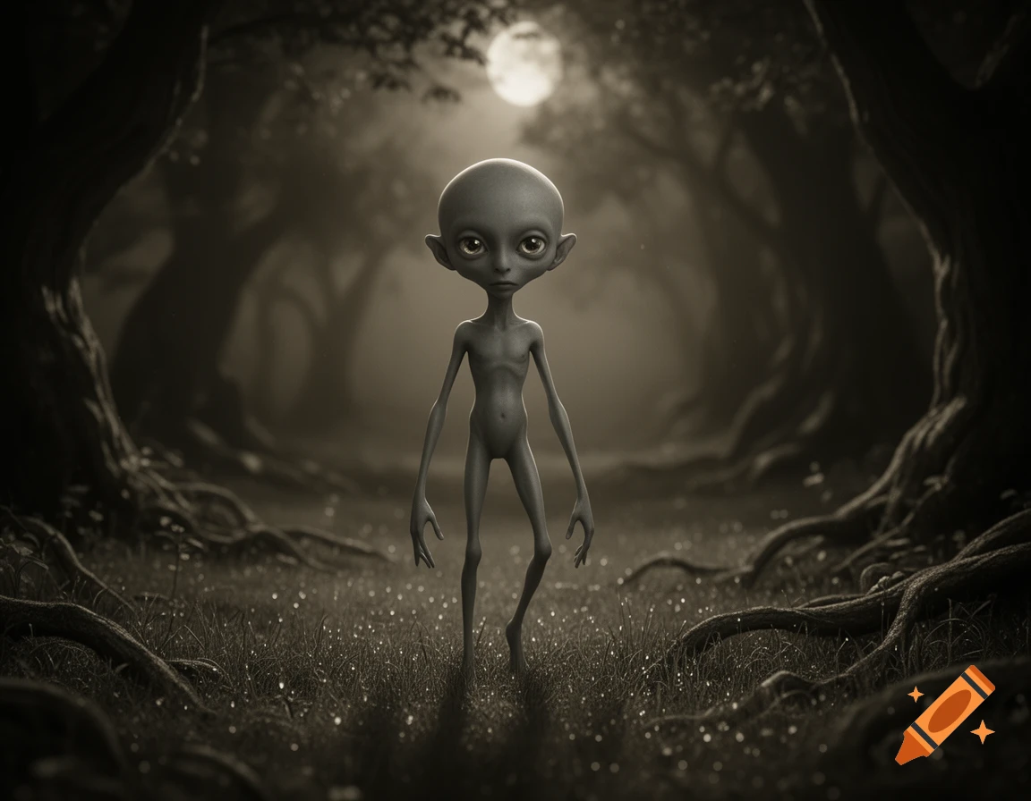 A grey, slender alien with large eyes stands in a misty, moonlit forest with gnarled trees and sparkling grass.