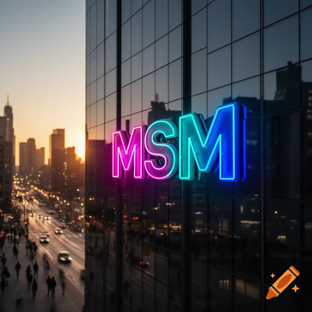 A modern glass building with a neon 'MSM' sign in pink, teal, and blue, overlooking a busy city street at sunset.
