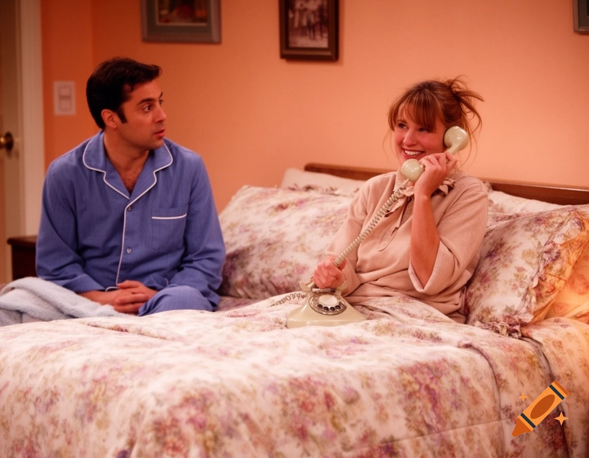 A smiling woman talks on an old rotary phone in bed with a floral quilt, as a man in blue pajamas watches her.