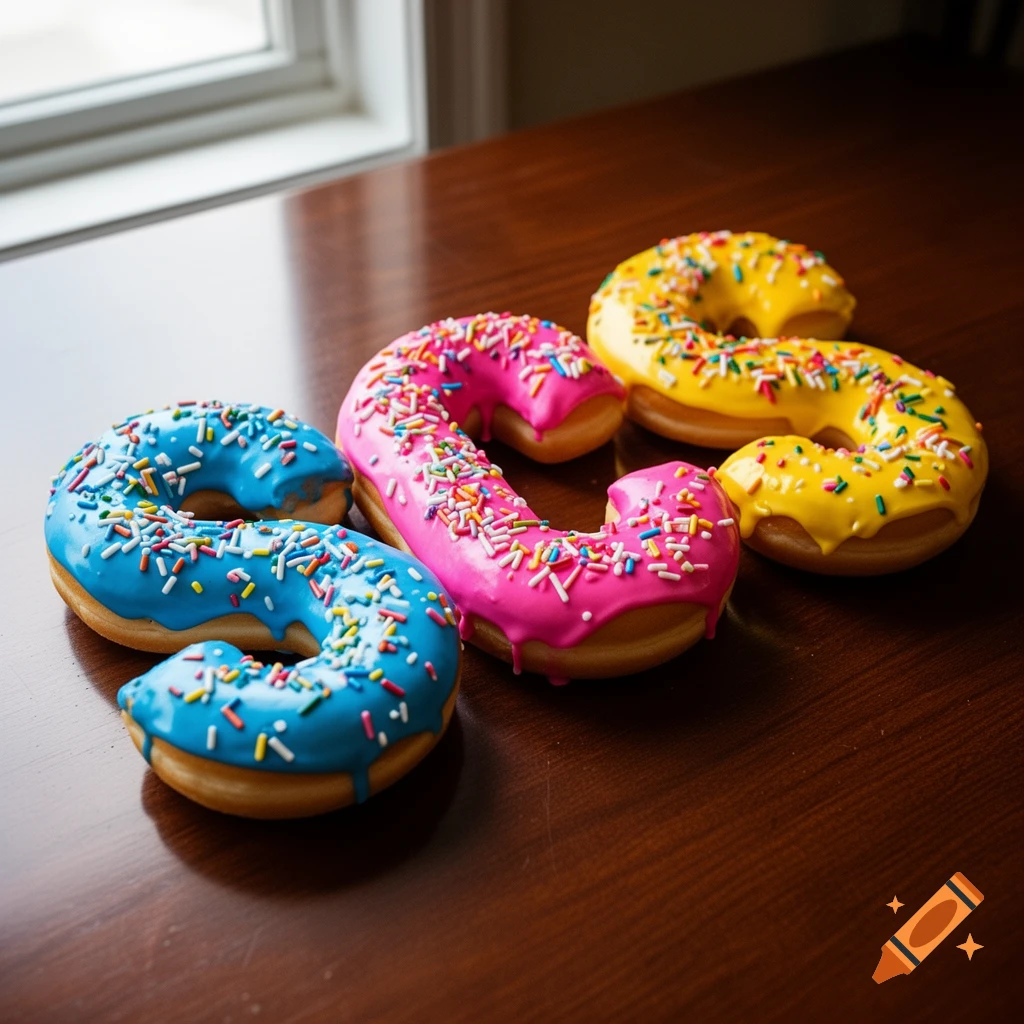 Letter-shaped donuts in blue, pink, and yellow with sprinkles on a wooden table next to a window.