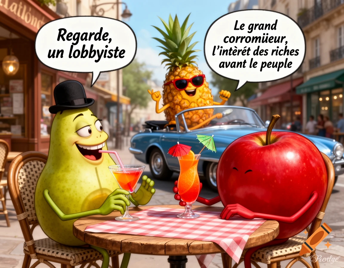 A cartoon pear in a top hat and an apple drink cocktails at a bistro table, with a sunglasses-wearing pineapple in a convertible behind them. Speech bubbles contain French text.