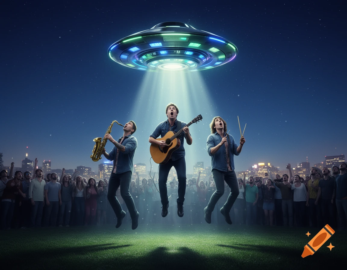 Three musicians playing saxophone, guitar, and drums float towards a brightly lit UFO, watched by a crowd at night.