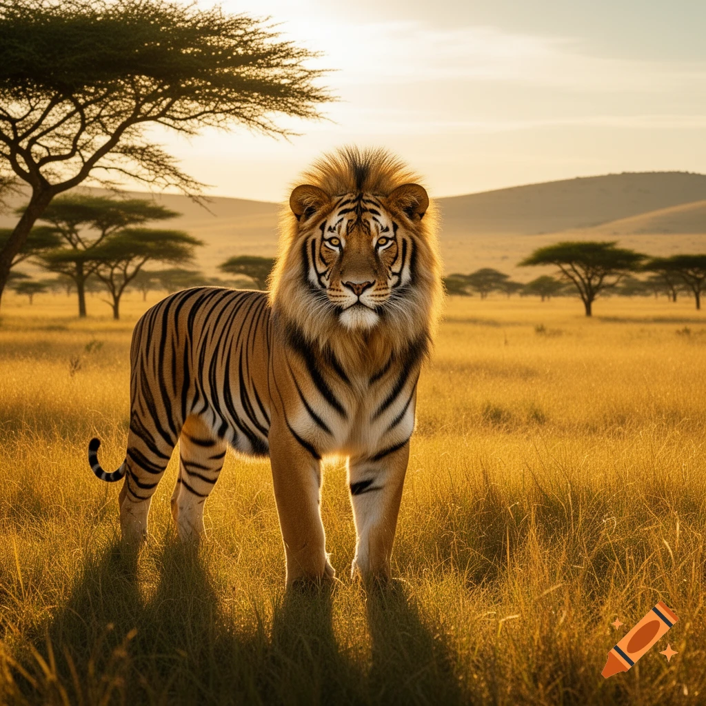 A majestic liger, half lion and half tiger, stands in a golden savanna at sunset, with acacia trees and hills in the background.